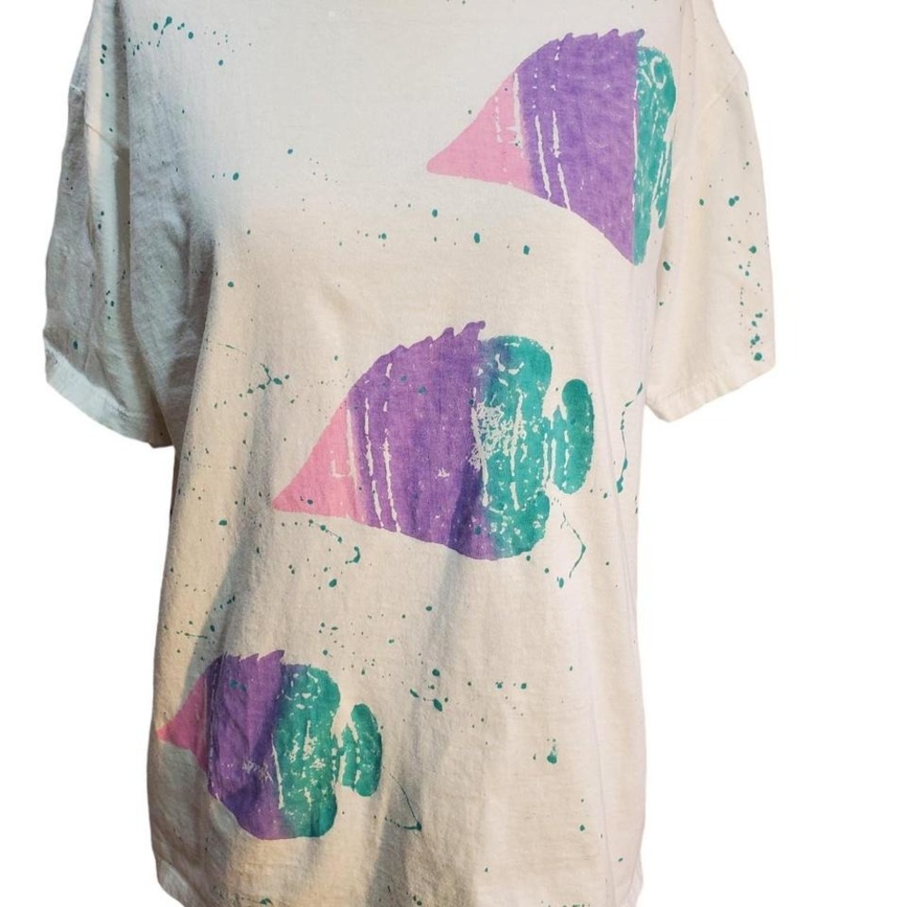 Jerzees Made In USA Vintage 80s Paint Splattered Pastel Fish Unisex Tee Size L